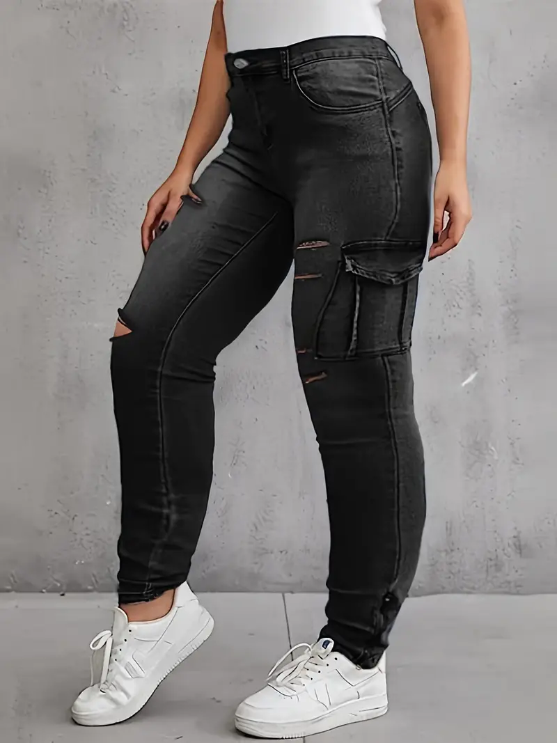 plus size casual jeans womens plus washed button fly ripped medium stretch cargo jeans with pockets details 0