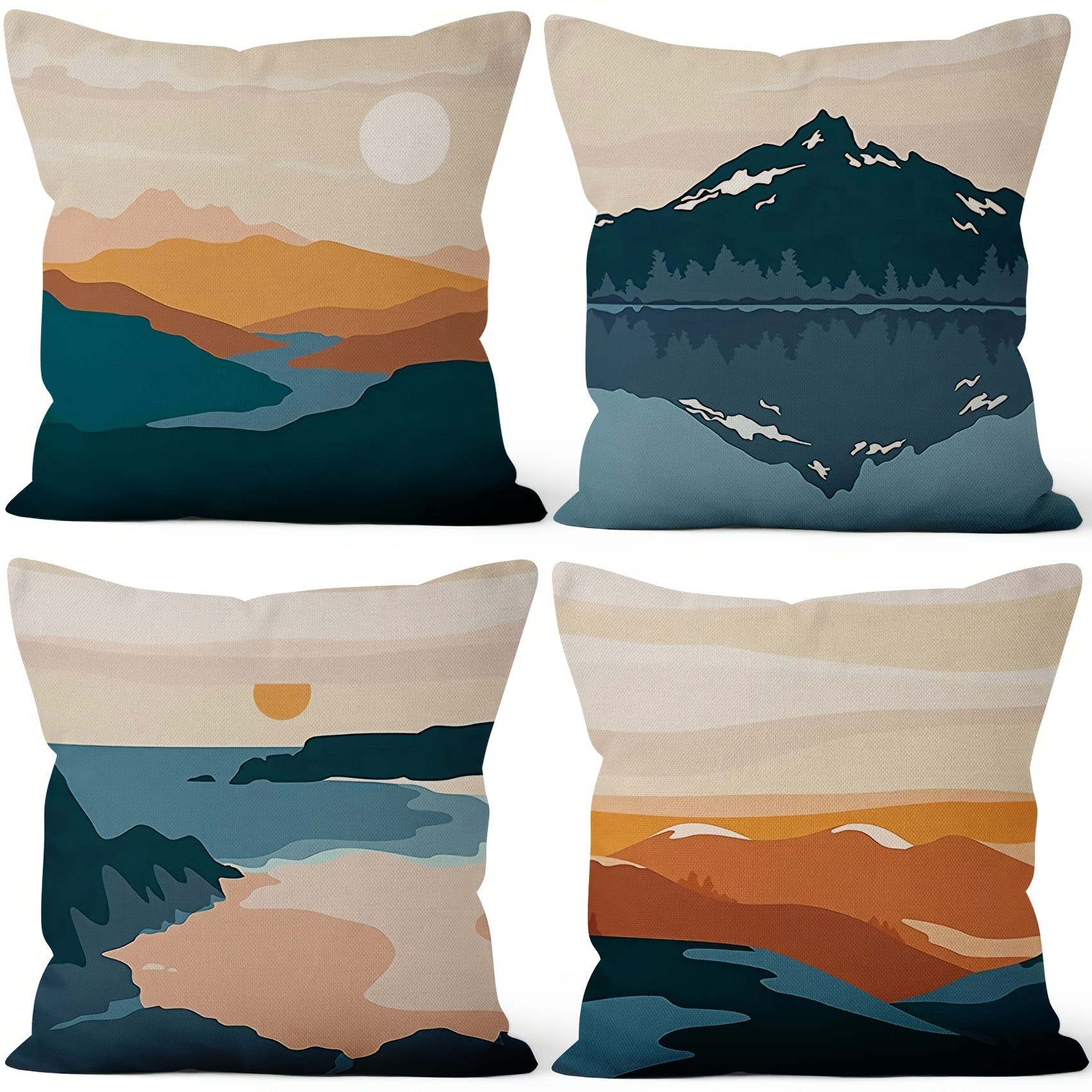 

Set Of 4 Linen Blend Mountain And Ocean Landscape Throw Pillow Covers, Zipper Closure, Traditional Style Machine Washable Printed Cushion Cases For Multiple Rooms