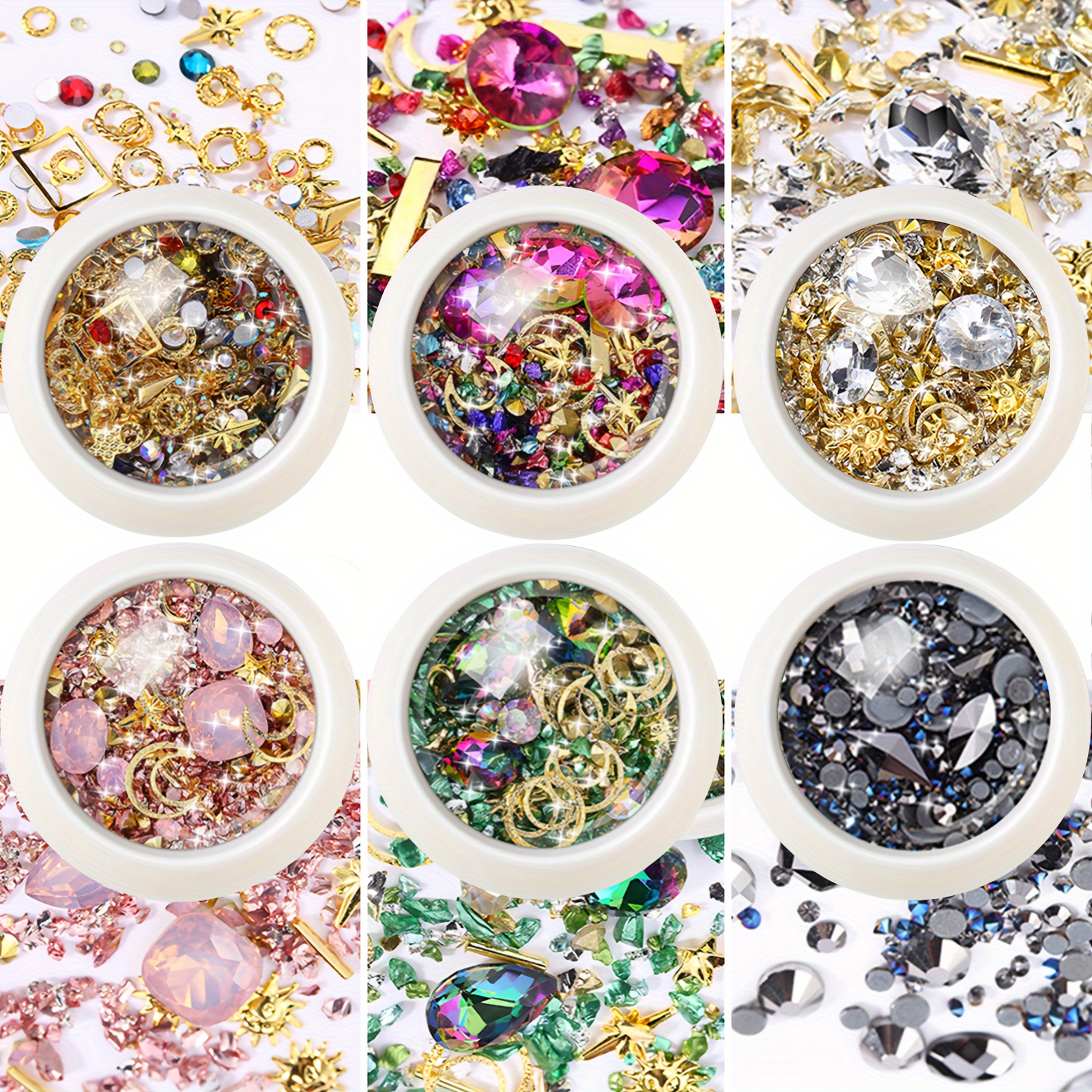 

6 Boxes Mixed Sparkle Nail Art Rhinestones, Crystals Beads Artificial Pearls And Gold Silver Nail Studs Gems Metal Rivets Charms Hollow Moon Star Shaped Micro Mini Stones Kit