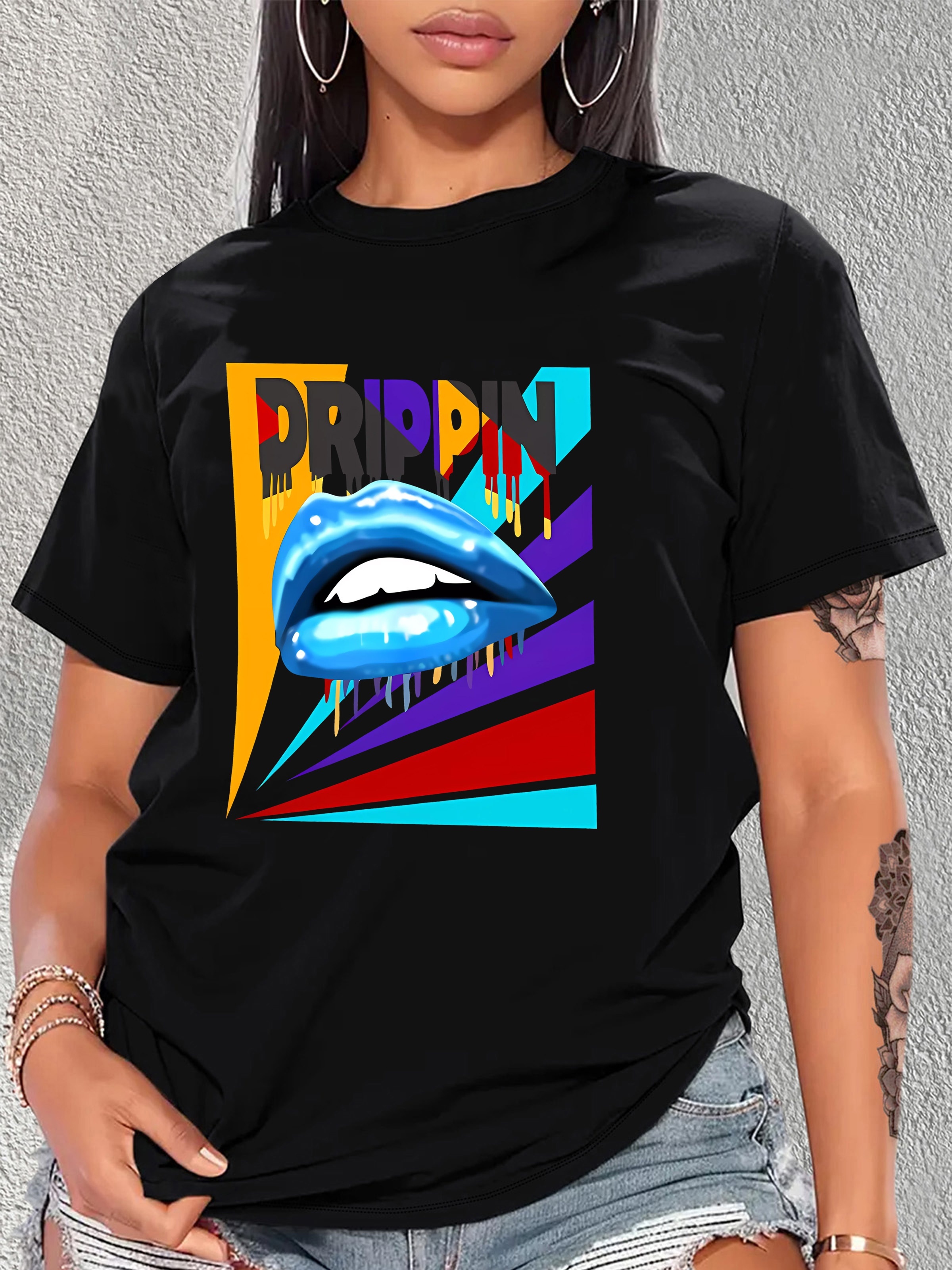 Blue Lips Colorful Strip Letter Graphic Sports T shirt Short