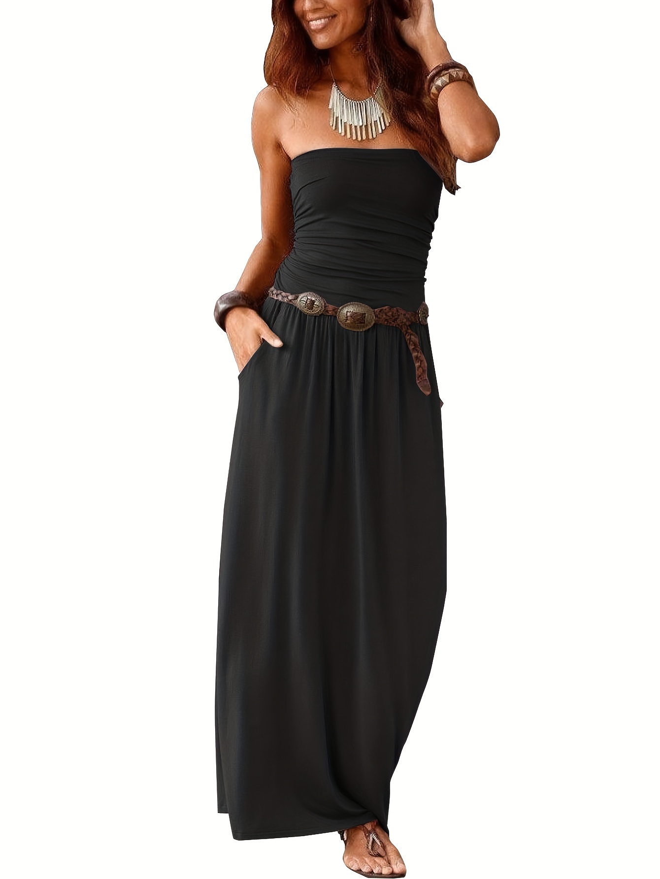 solid slim tube dress versatile strapless pockets ruffle hem dress for spring summer womens clothing