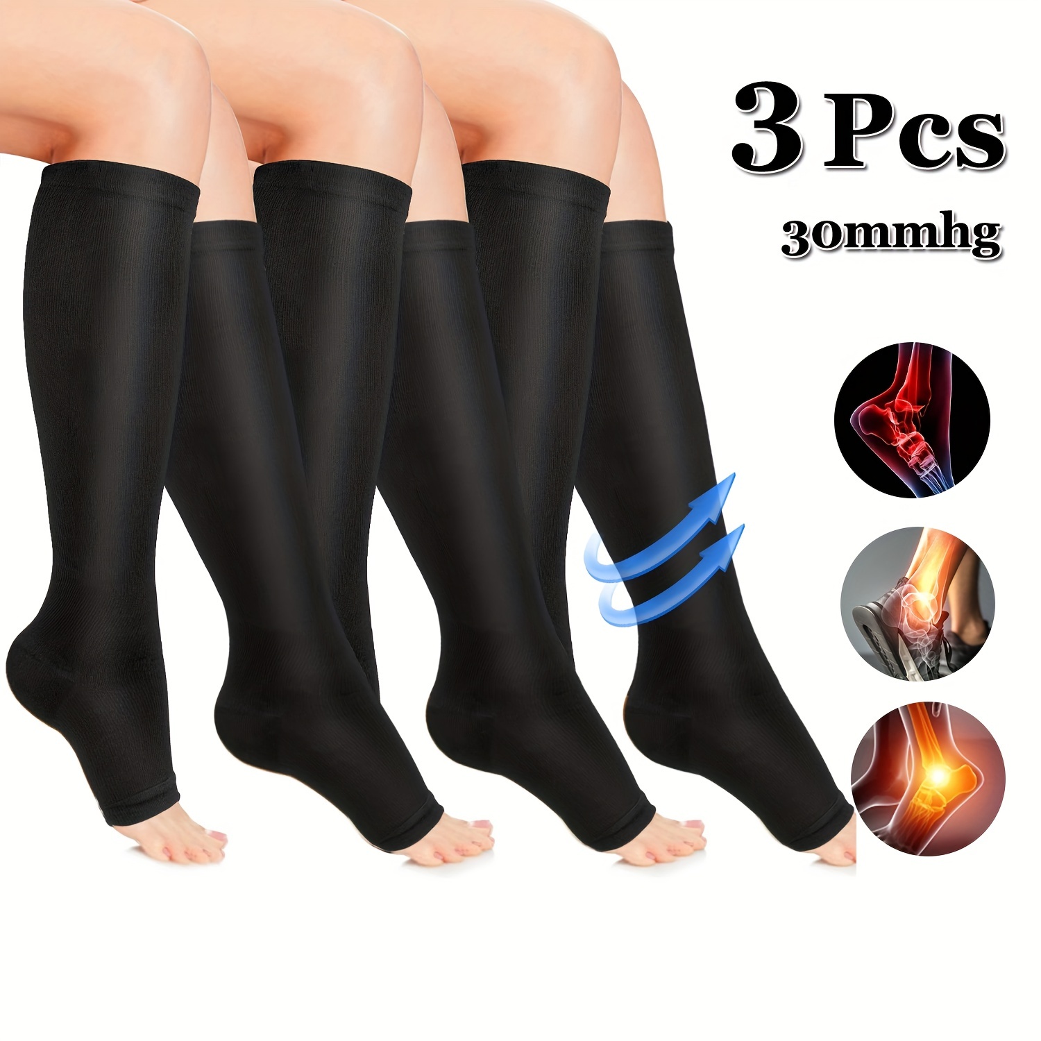 3 Pairs Cooper Compression Socks Women Men 20-30mmhg Medical Knee High Open  Toe