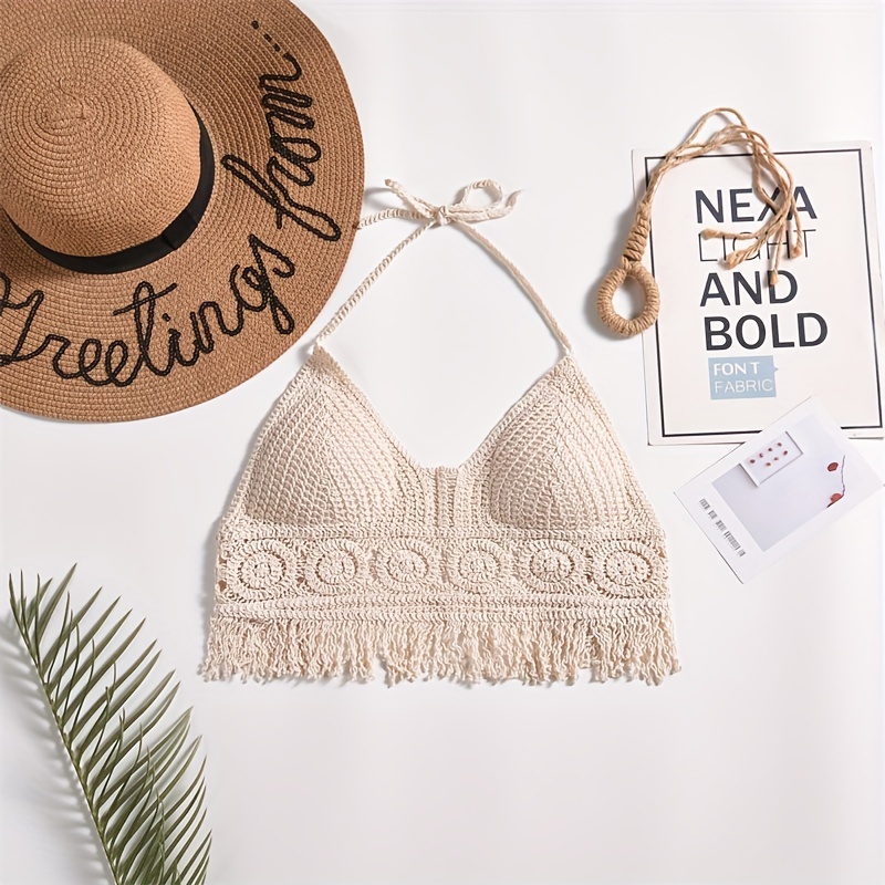 Bohemian ethno-style embroidered chest cup embroidery, halterneck small vest, suspender short backless openwork swimsuit top, bikini Women's swimsuit