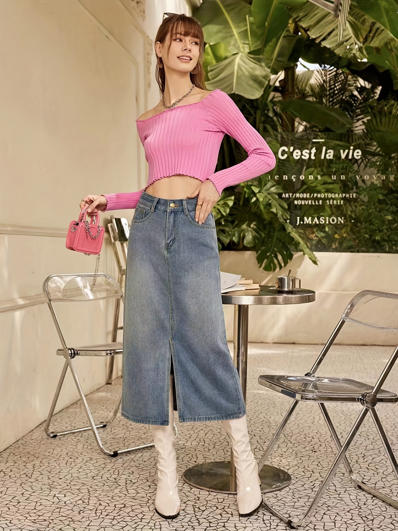 Front Slit Mid High Waist Denim Skirt Slash Pockets