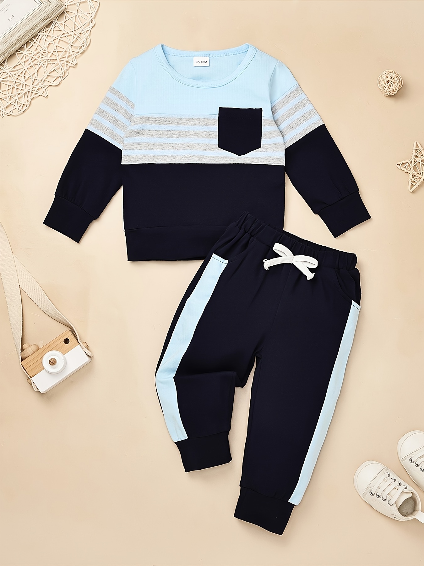 Baby Boy Trendy Color Block Outfits 95% Cotton Long Sleeve - Temu
