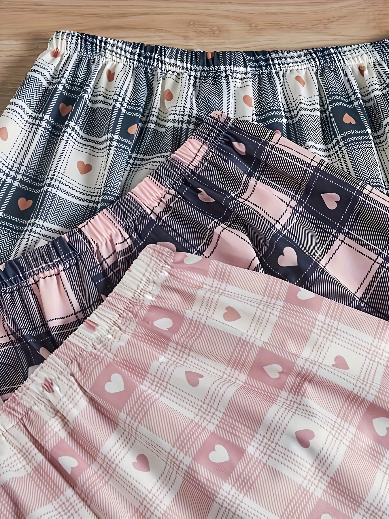 3 Pack Plus Size Preppy Lounge Bottoms Set Women's Plus Plaid & Heart Print Bow