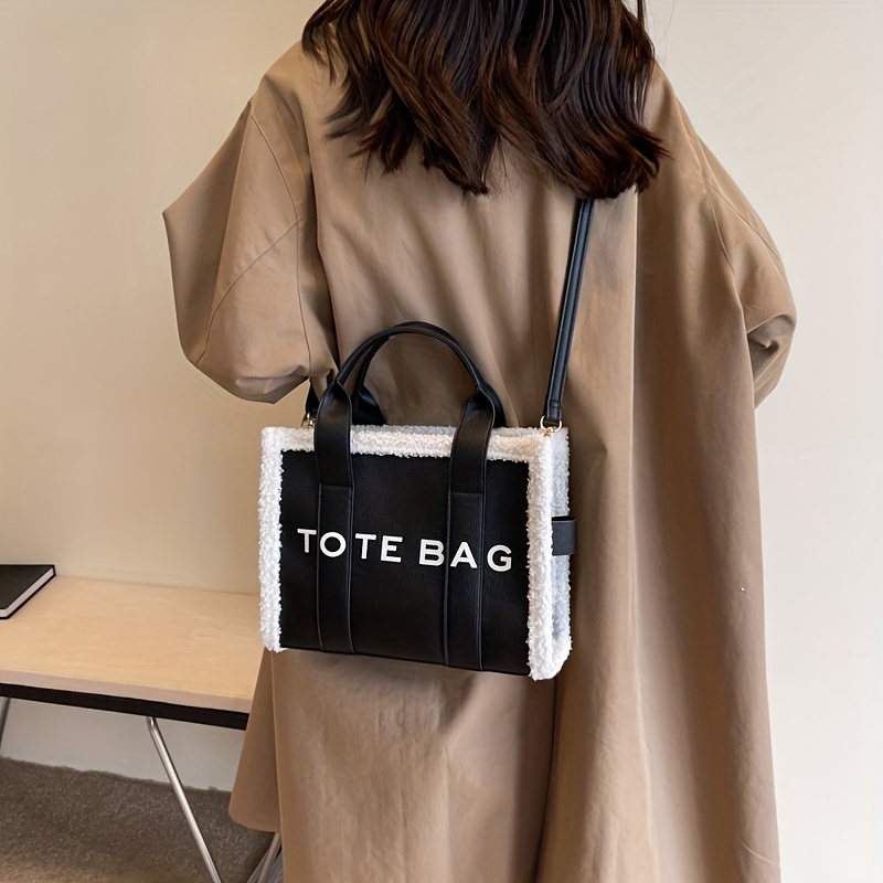 Furry Tote Bag For Women, Trendy Letter Print Handbag, Large Shoulder Bag  With Faux Lamb Wool - Temu