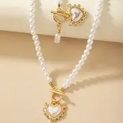 2pcs necklace bracelet elegant jewelry set made of milky stone 18k gold plated trendy heart ot buckle design match daily outfits details 8