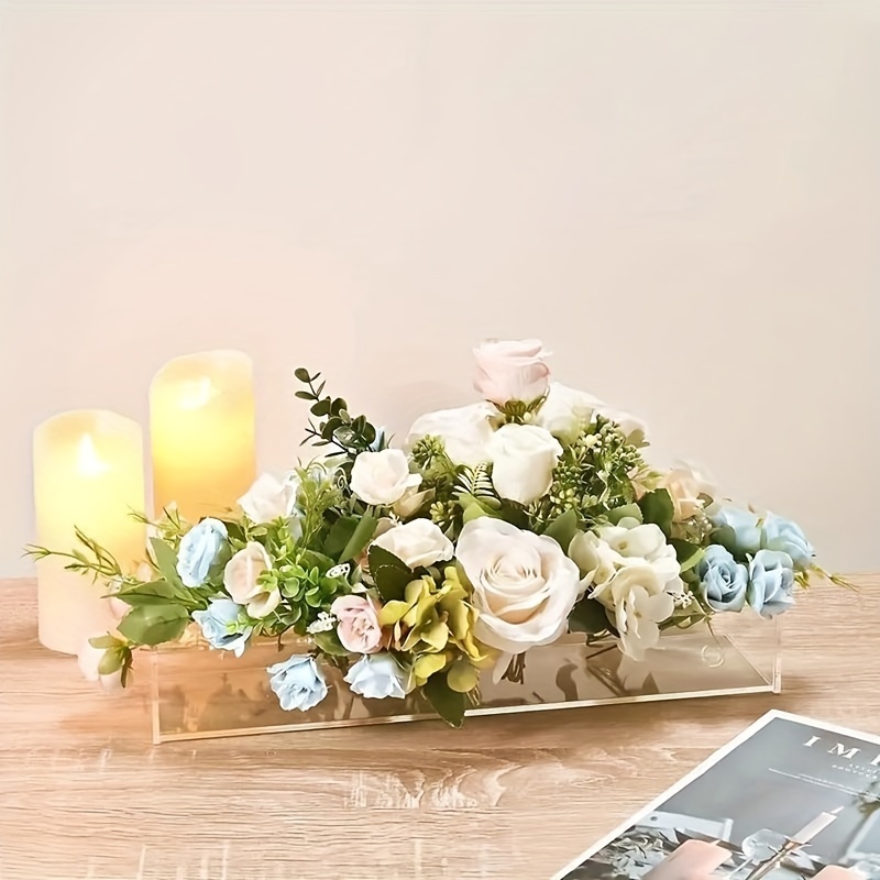 1pc 透明アクリル花瓶、ダイニングテーブル用長方形花センターピース長い長方形装飾花瓶結婚式家の装飾、モダンなダイニングテーブル花装飾花瓶