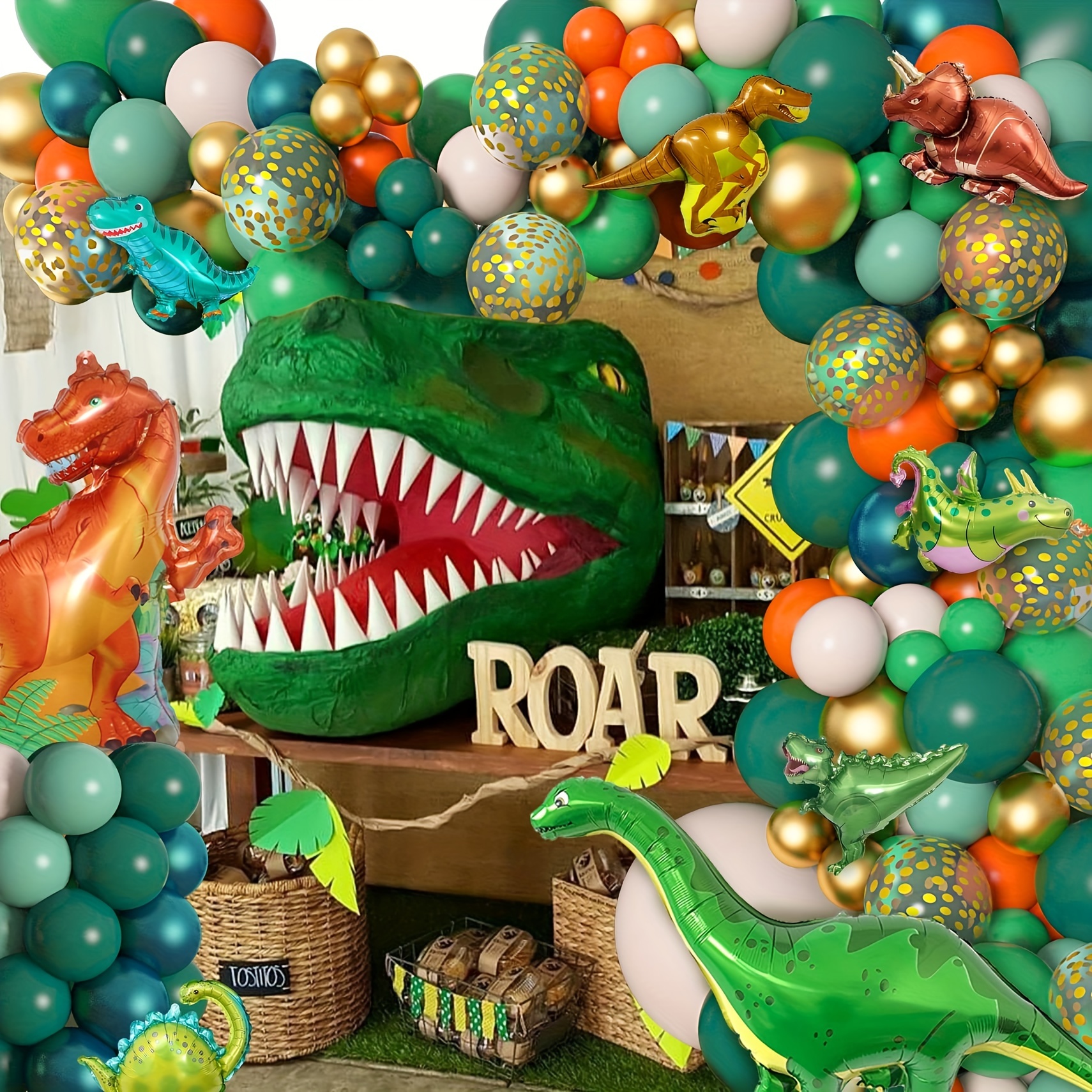 Juego de decoraciones de fiesta de dinosaurios | 123 piezas con tapiz  reutilizable, globos de dinosaurio, guirnalda de globos de selva | Perfecto  para