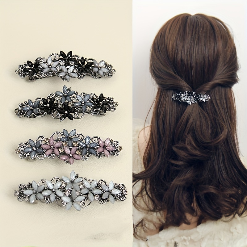 

Vintage Rhinestone Flower Spring Clip Stylish Back Head Ponytail Hairpin Elegant Headwear 1 Word Clip Hair Accessories