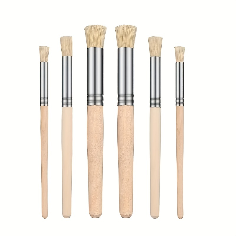 

Set Of 6 Stencil Paint Brushes With Hair And Wooden Handles, Ideal For Diy Crafts Including Watercolor, Oil, And Acrylic Painting.