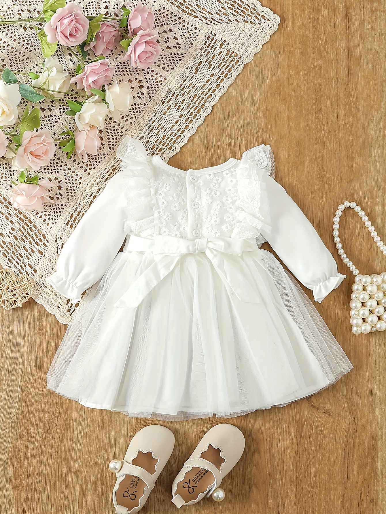 Girls' Newborn Baby Dress Soft White Gauze Umbrella Skirt with Sleeves  Round Neck *-Length Elastic Waist for Spring/Fall Hand Wash or