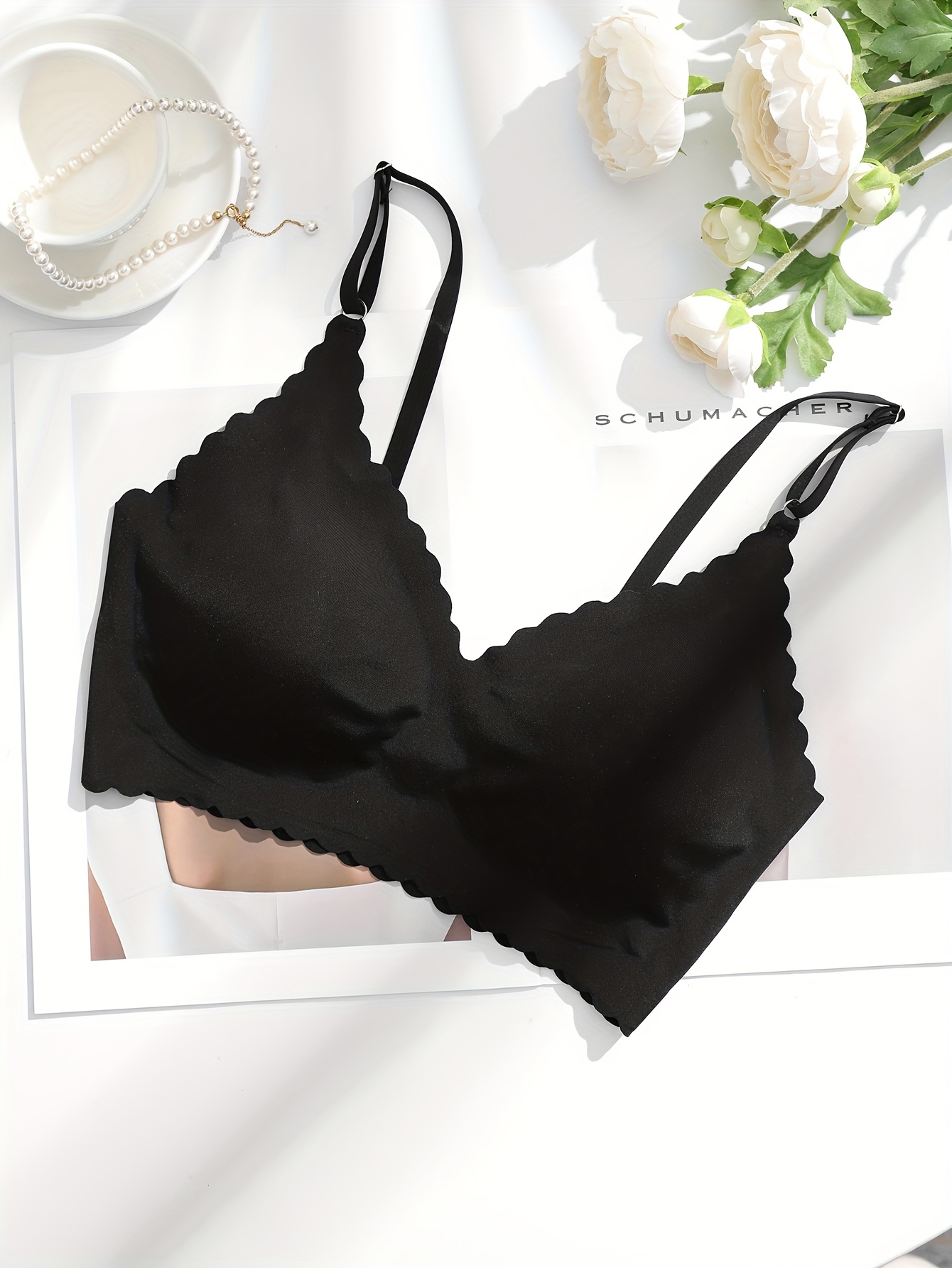 Scallop Trim Wireless Bra Comfy Soft Seamless Everyday Bra - Temu