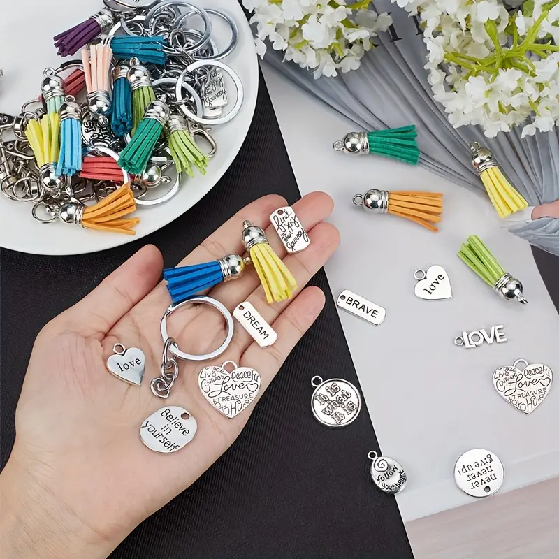 Temu 1 Bag 180pcs 20 Sets Keychain Tassels Bulk, Inspirational Charms Key Chain Making Kit, Faux Suede Tassel Inspiration Charms, for Jewelry, Jewels