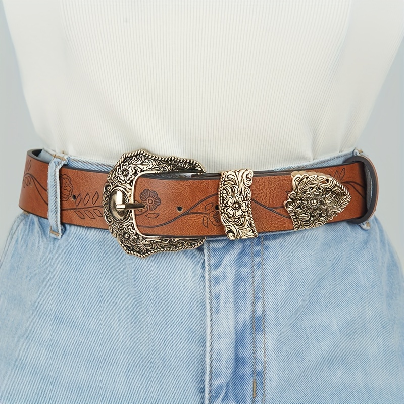 n085 wide 3 8cm retro carved flower print womens belt dark brown light brown casual belt autumn and winter y2k versatile belt   decorated with jeans suits and long skirts girls decoration accessories holiday gifts details 0