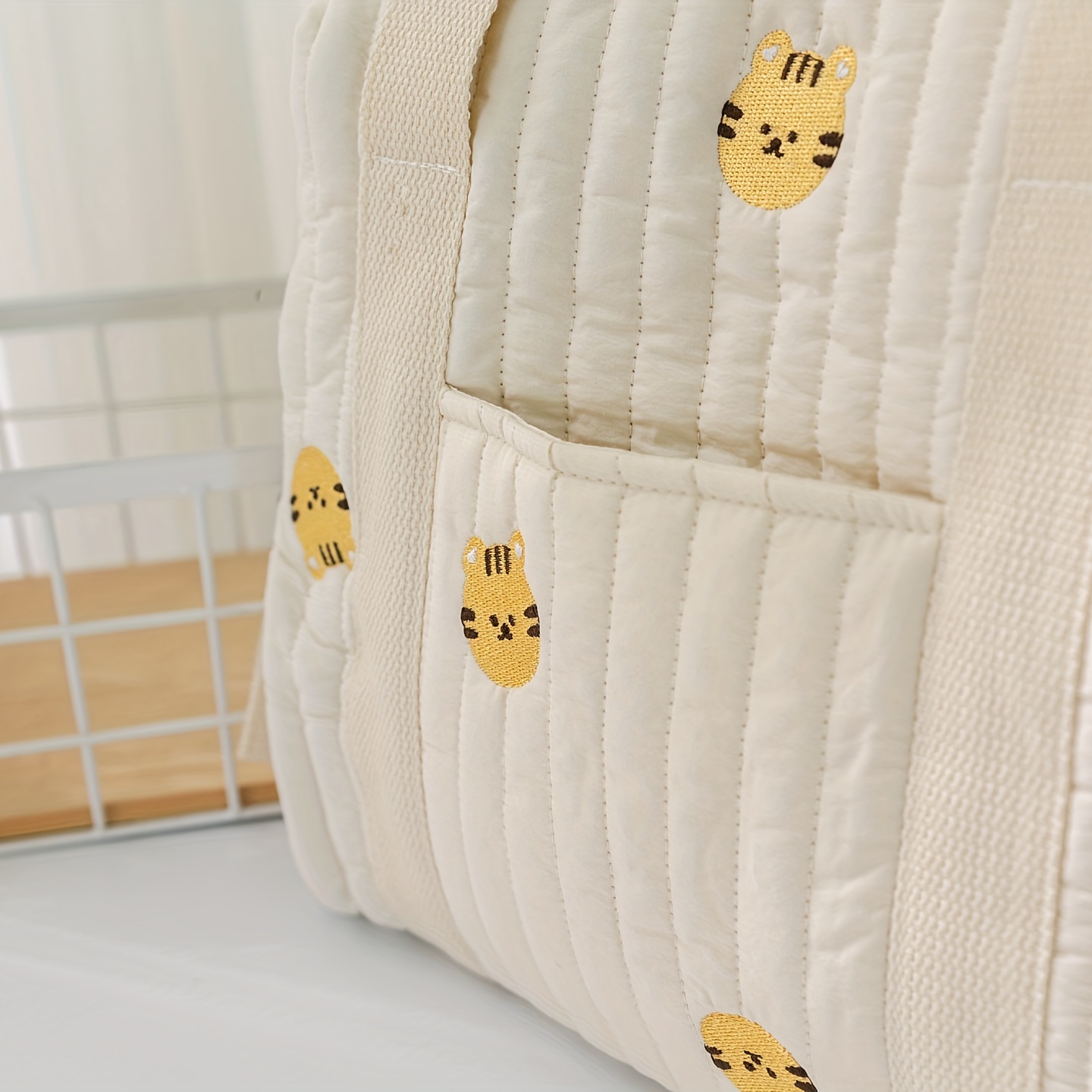 INS Beige Cotton Embroidery Storage Basket, Baby Diaper Cloth Bag