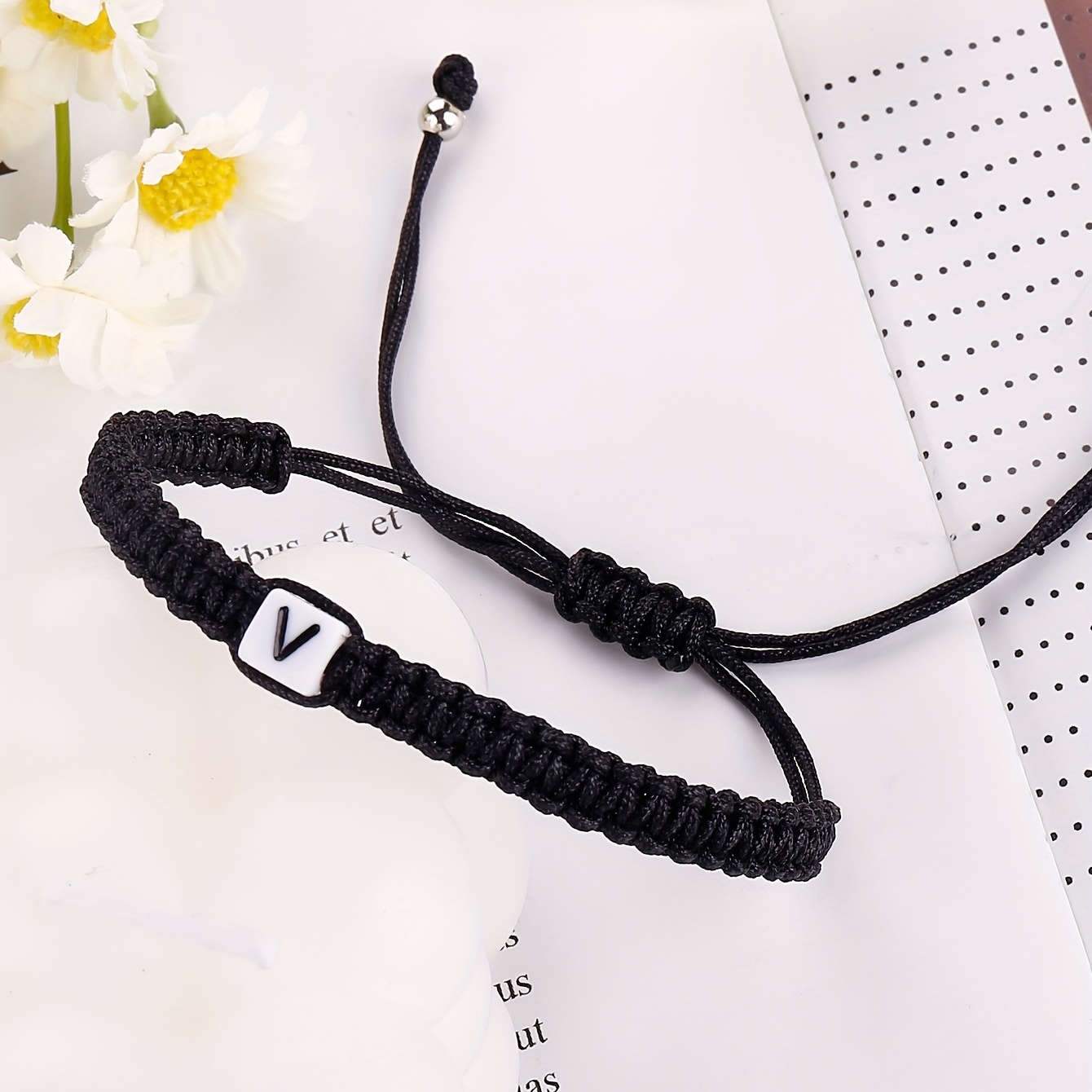 Handmade Initial Letters Ladies Resin Letter Black Rope Adjustable Hand Rope Bracelet, Creative Birthday Gift,Temu