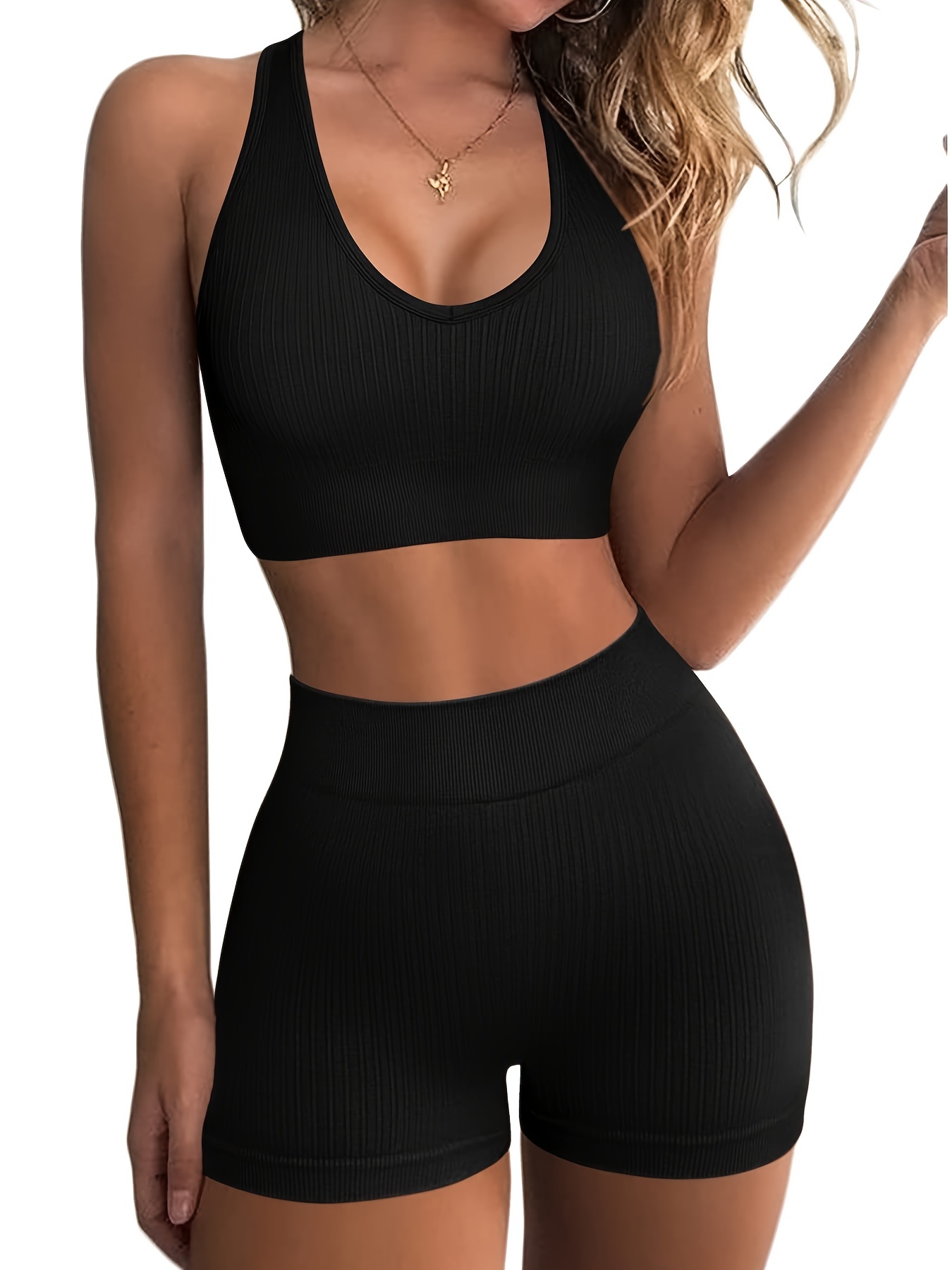 Workout Sets for Women 2 Piece Seamless Ribbed Crop Tank High