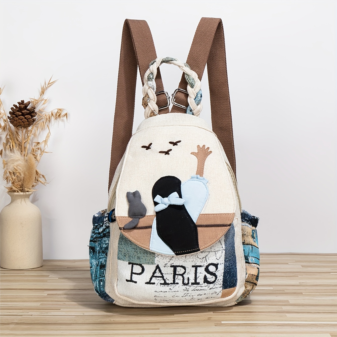 TEMU Cut Bohemian Style Ethnic Style Cute Kitten And Goose Double Shoulder Backpack Personality Fashion Backpack