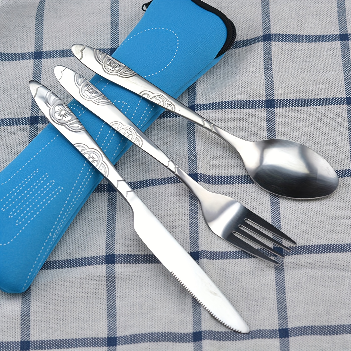 3 Pcs/Set Picnic Tableware Portable Stainless Steel Spoon Fork Steak Knife  Set Travel Cutlery Tableware with Bag(4 Color)