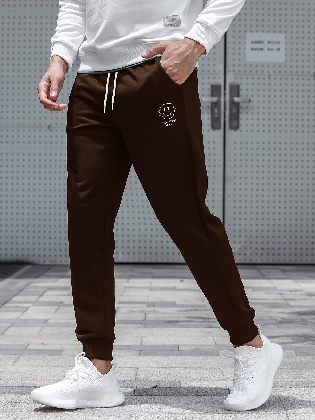 Smile Pattern Print Drawstring Sweatpants Loose Fit Pants - Temu