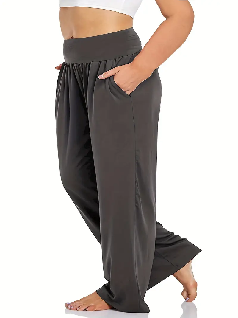 Plus Size Casual Pants Women's Plus Solid Wide Band Waist - Temu Canada