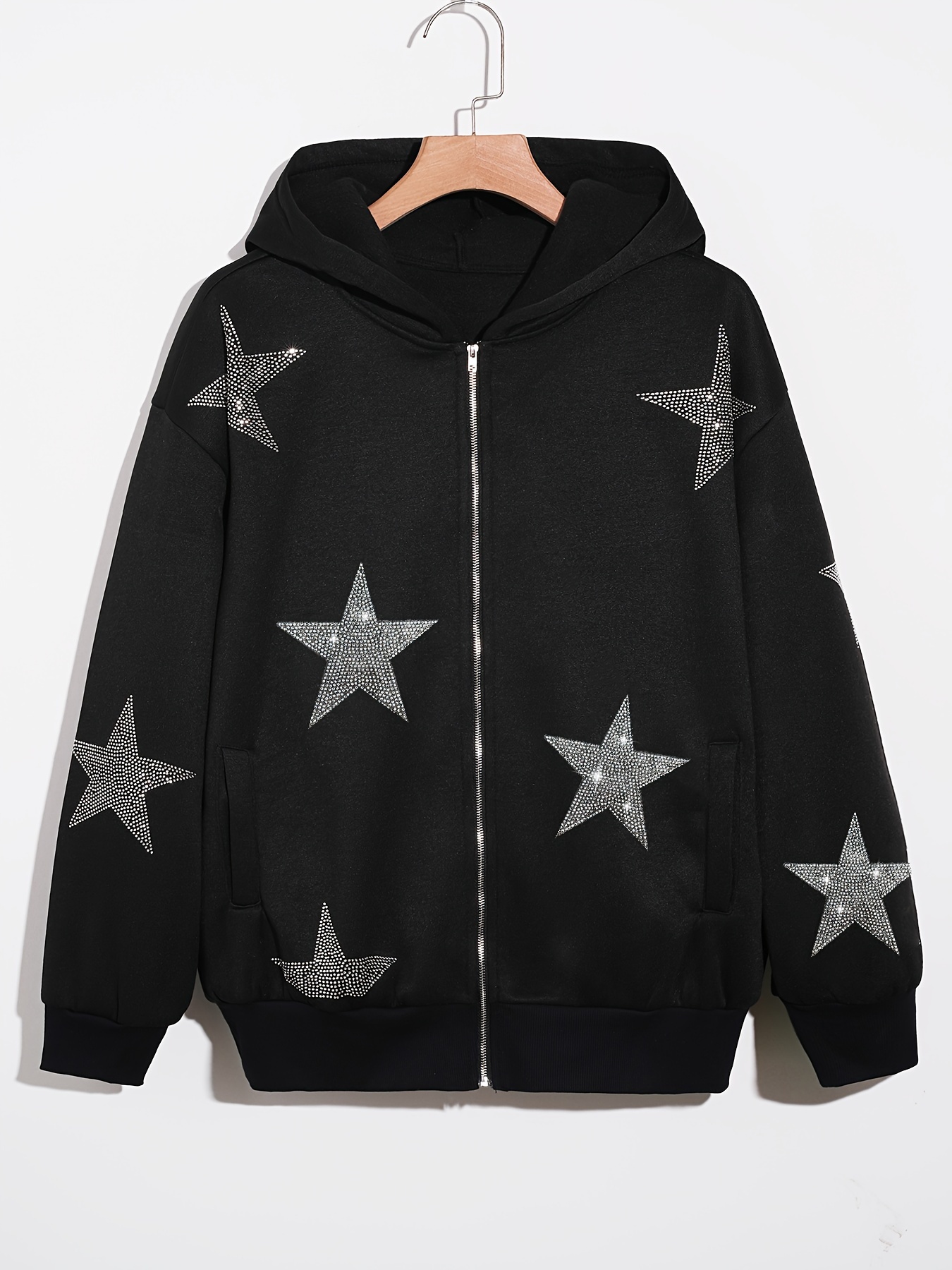 Star Rhinestone Zip Hoodie Casual Long Sleeve Sweatshirt - Temu