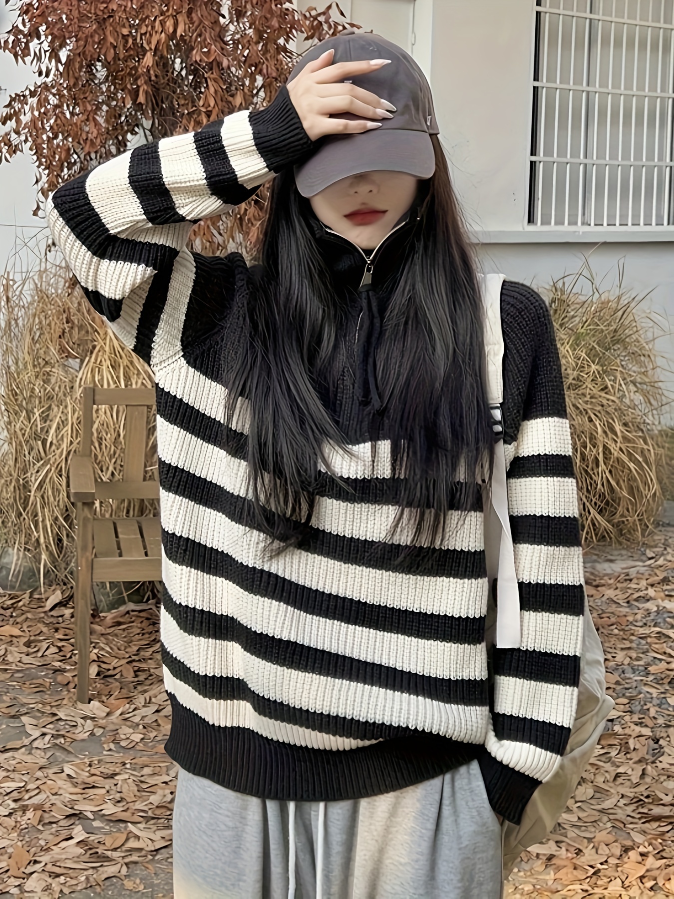 Striped Zip Turtle Neck Pullover Sweater Vintage Long Sleeve - Temu