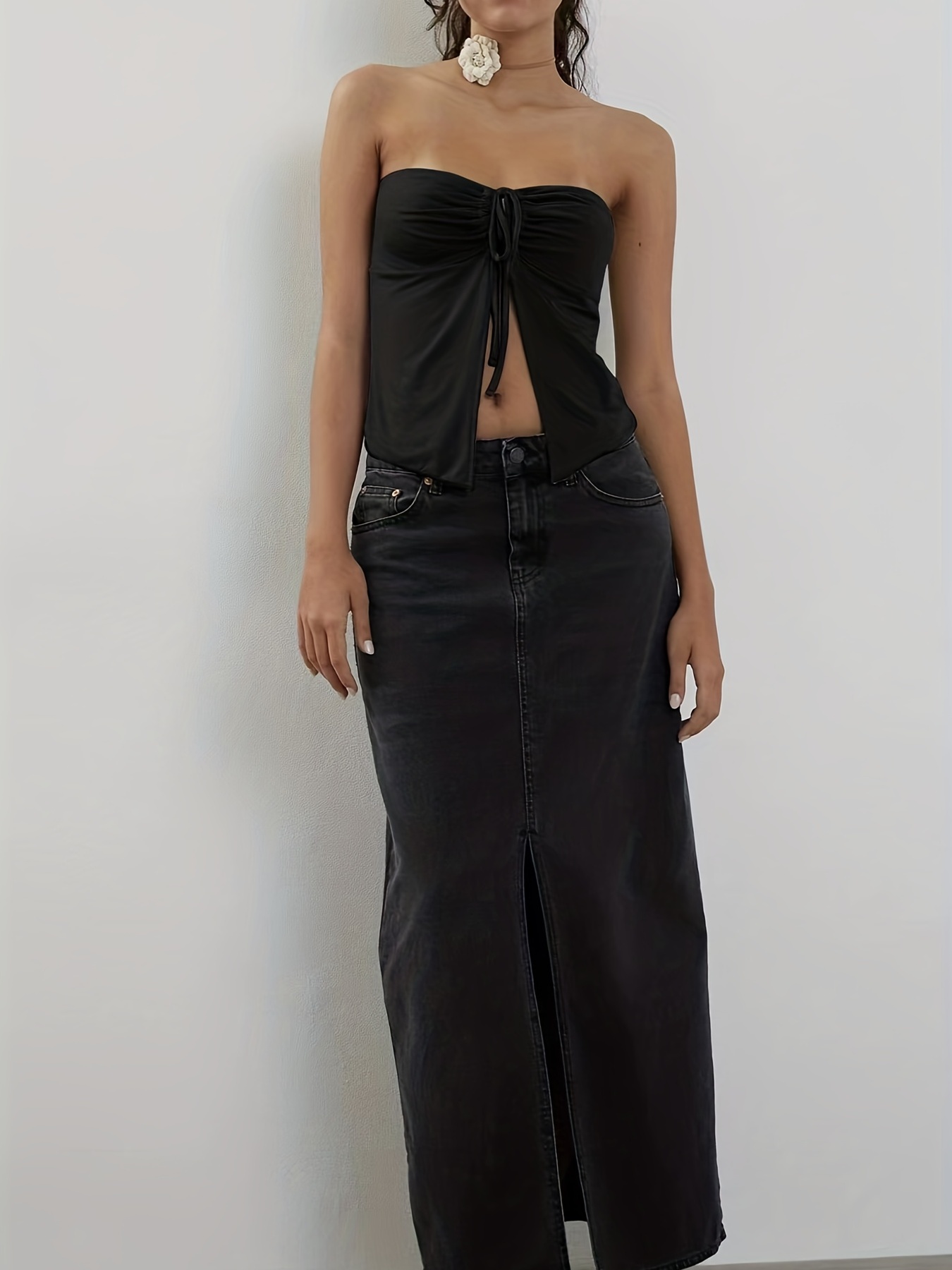 Y2K Split Crop Tube Top Ruched Drawstring