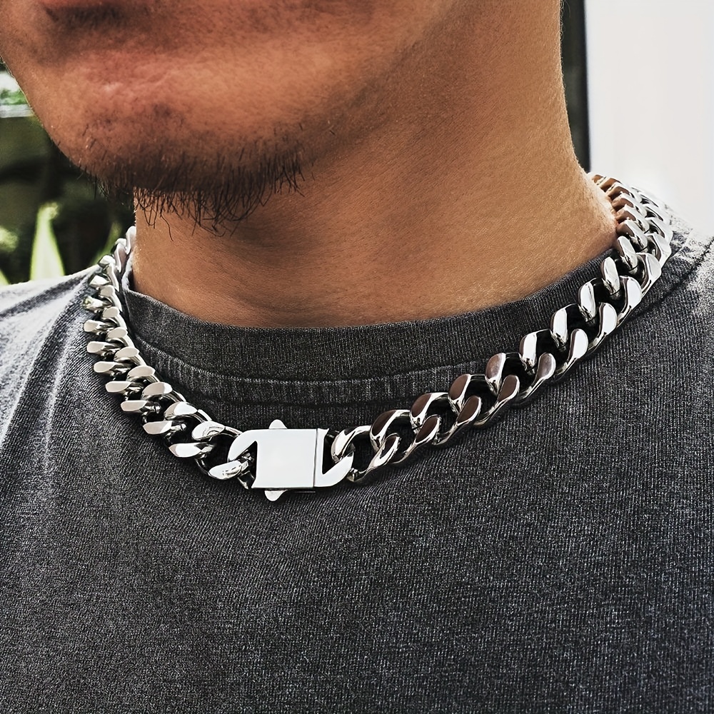

1pc Hip Hop Non-fading Glossy Titanium Steel Necklace, 8.10.12mm Cuban Chain Cool Men's Accessory