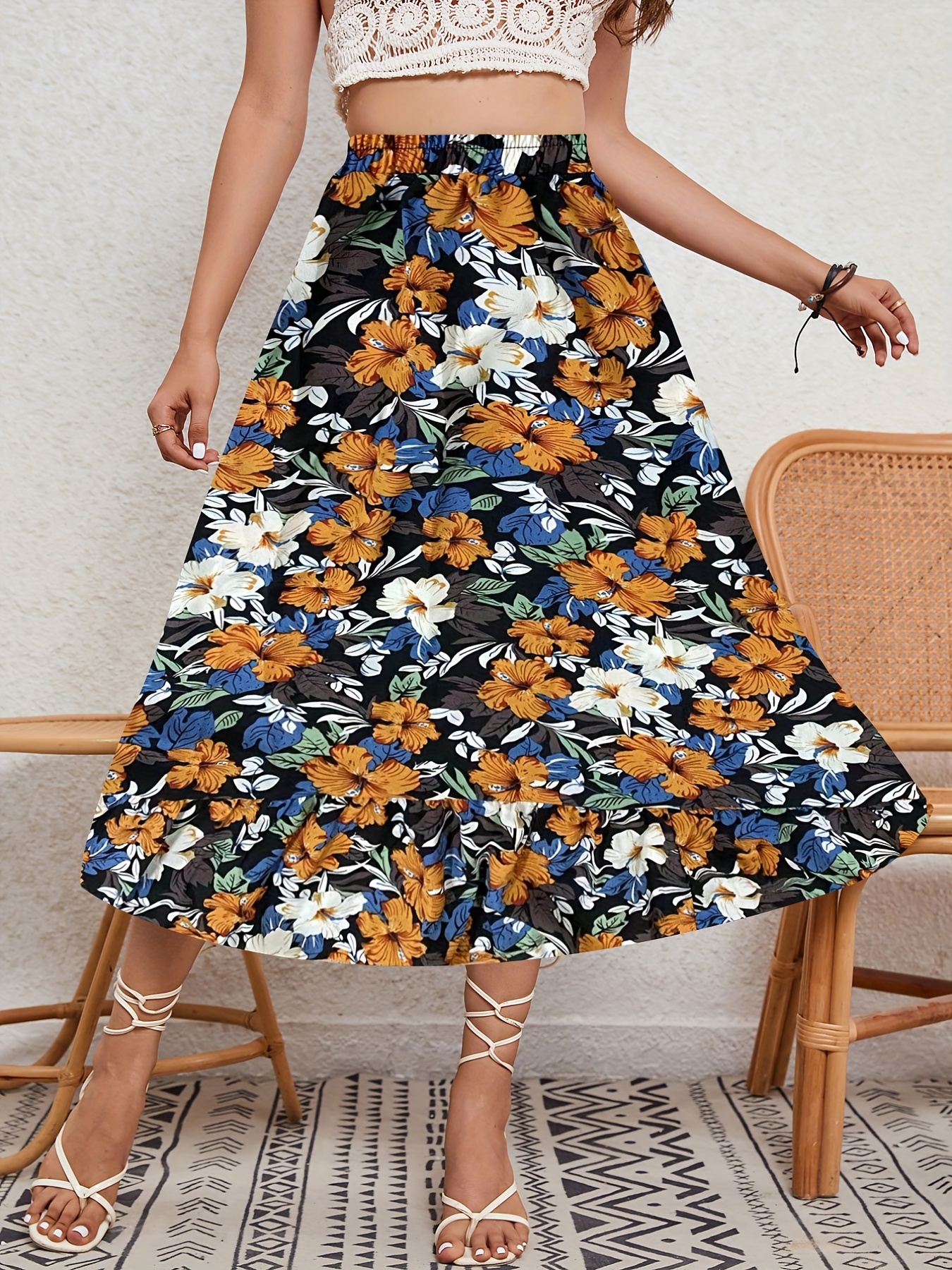 Floral Print Cute Skirt Vintage Ruffle Hem Vacation Casual - Temu