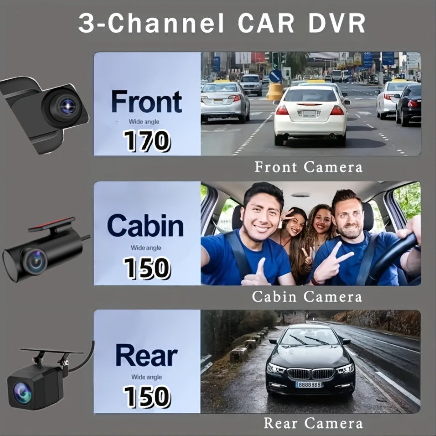 Car Dash Cam 3 Channel Front Inside+Rear Three Way Triple Camera IR Night  Vision