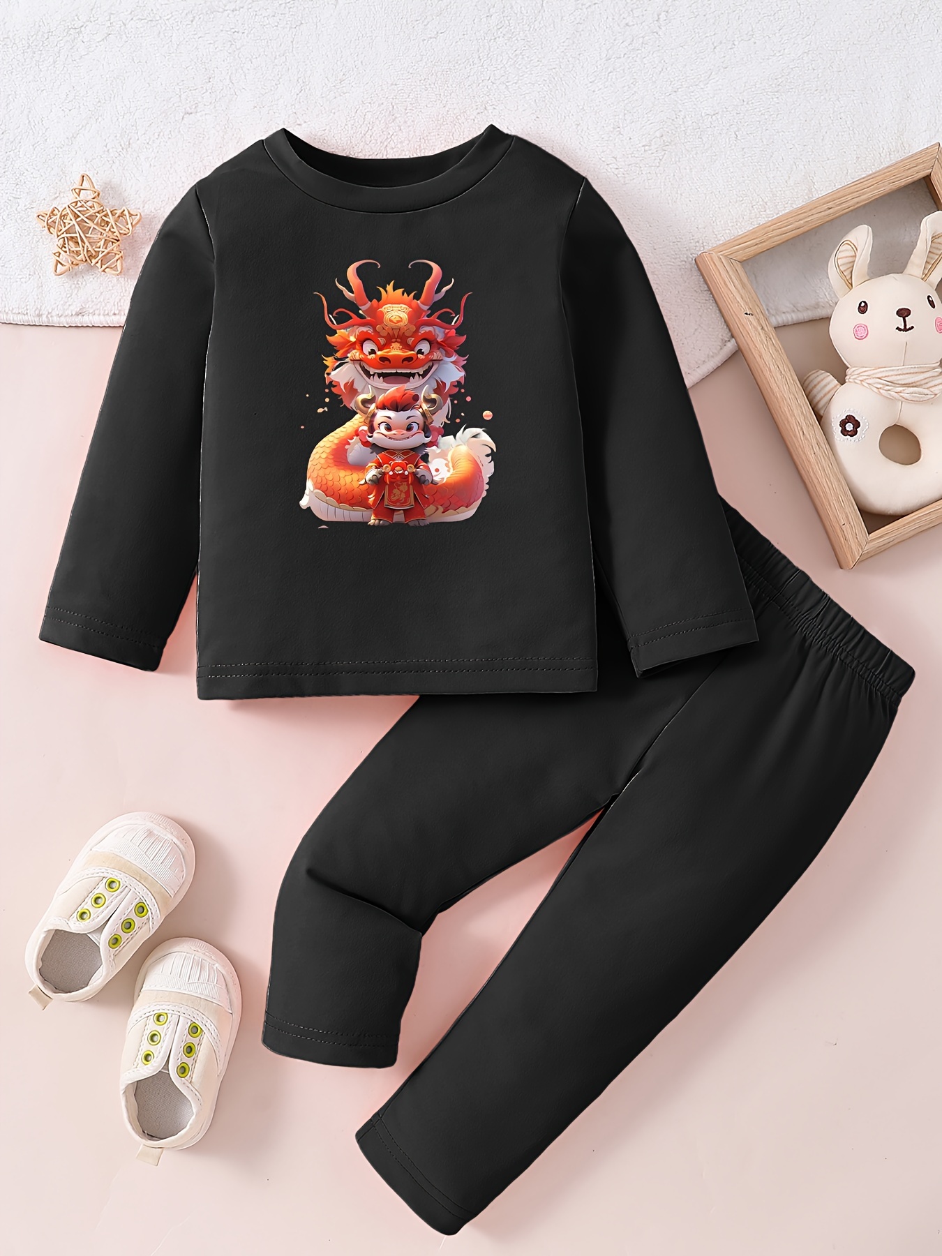 Spring 2024 Children Girl 2PCS Clothes Set Cotton Cartoon Sweatshirt Solid  Sports Jogger Pants Baby Girl Outfits Kids Girl Suits