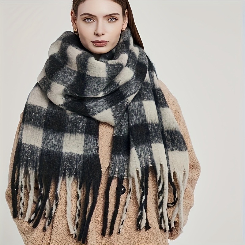 Contrast Color Plaid Striped Chunky Scarf Thickened Soft - Temu