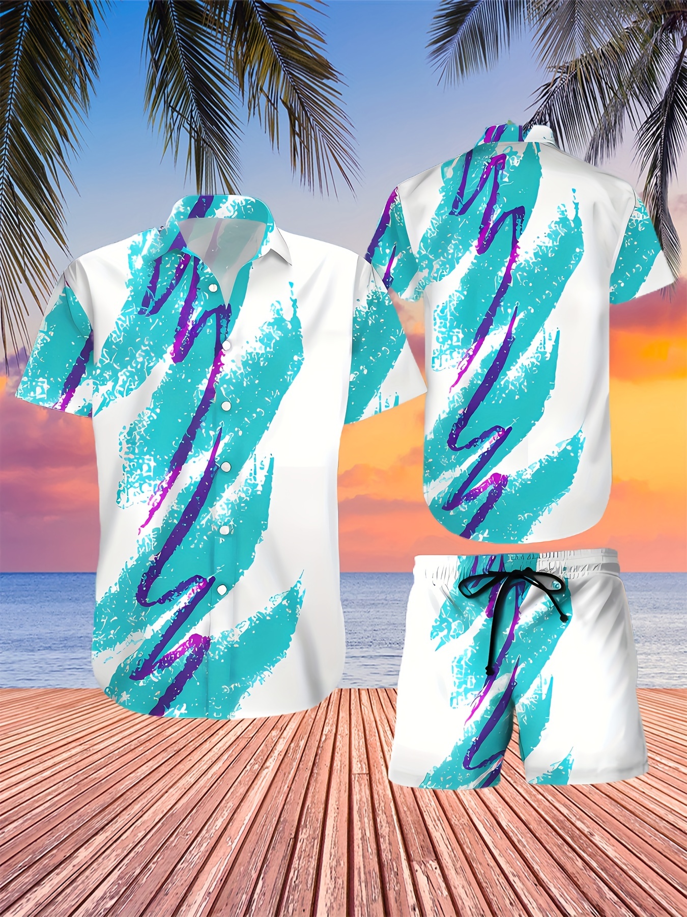 Mens Hawaiian Shirt and Shorts Suit 3D Digital Print Color Print Summer  Casual T-shirt Beach Pants 2 Piece Outfit