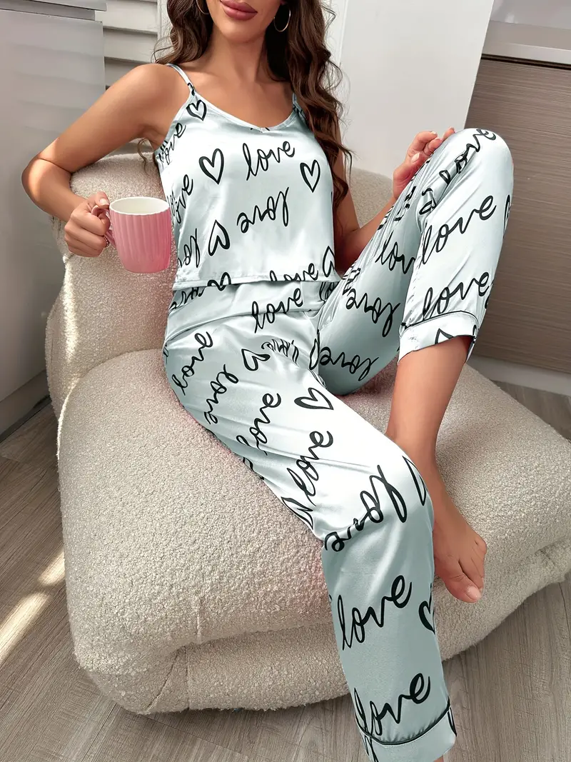 Womens Sleepwear Cute Print V-Neck Nightwear with Pants Loungewear
