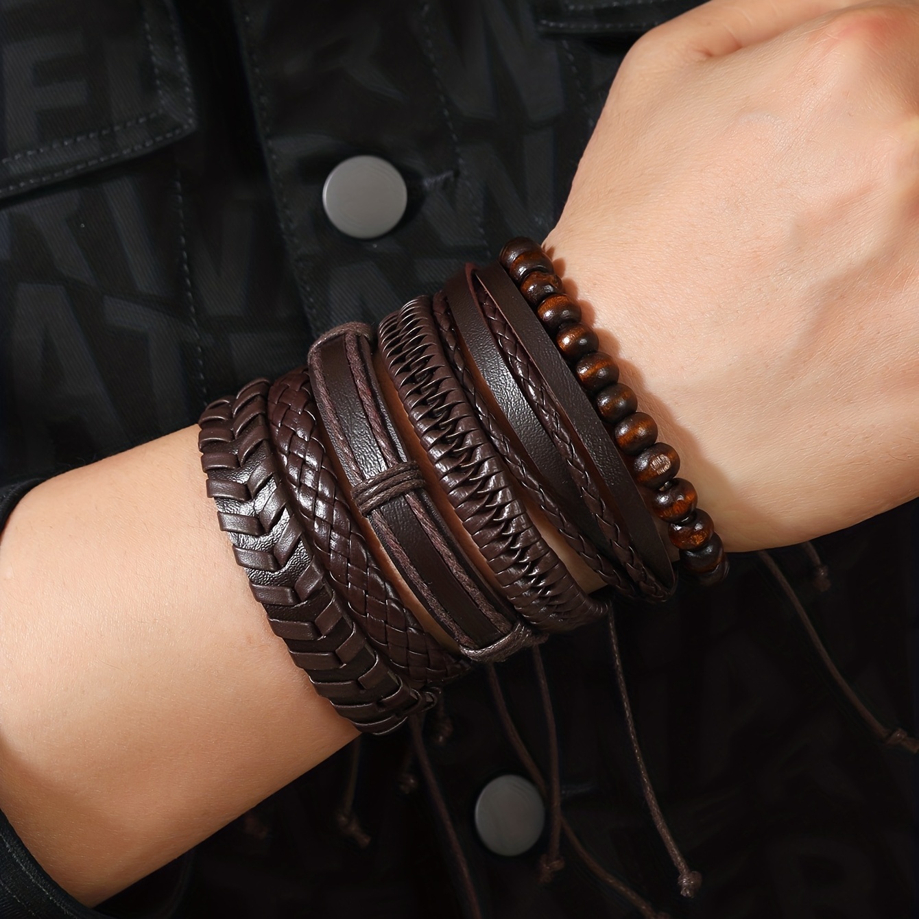 6pcs/set Fashionable Pu Leather Men's Bracelet Jewelry