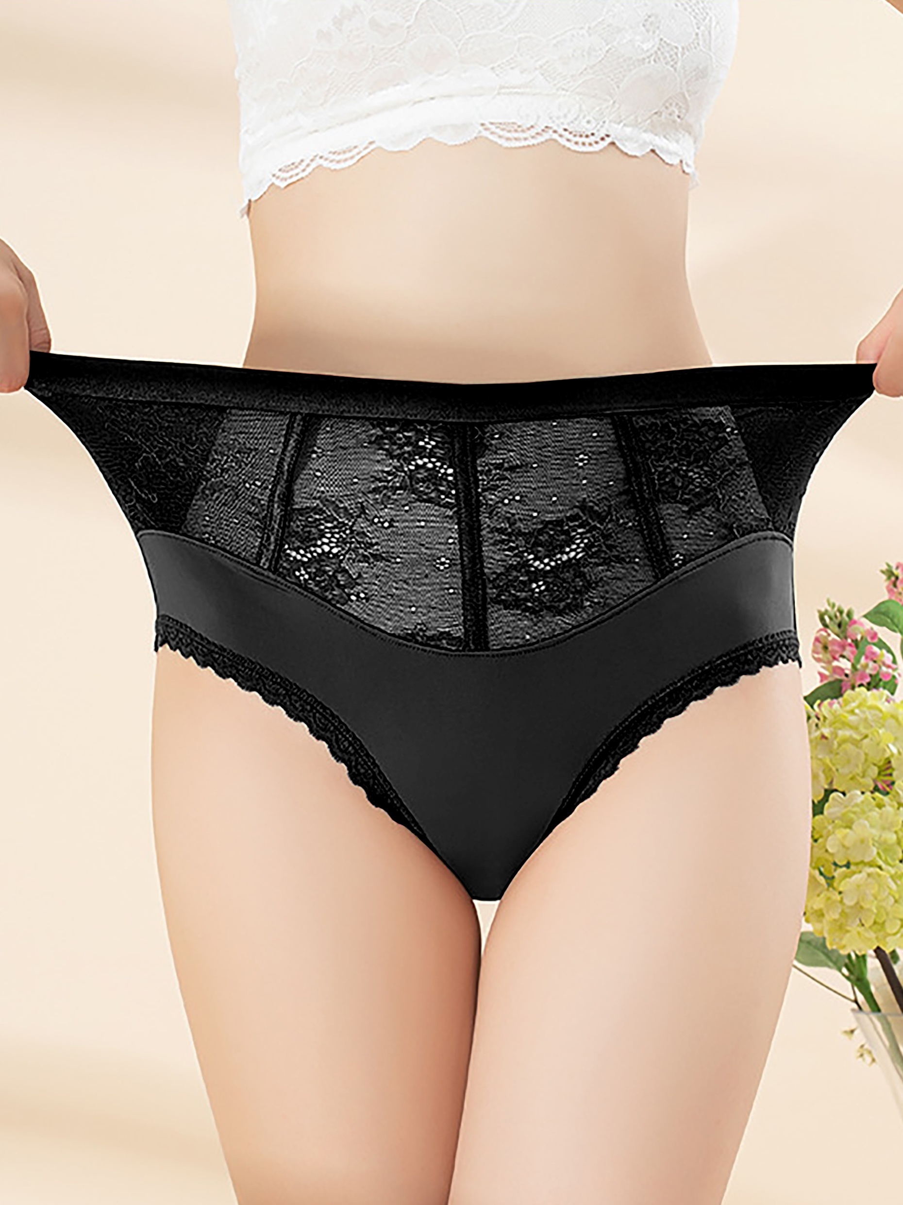 Sexy High-Rise Lace Briefs, Comfortable Stretchy Semi-Sheer French-Cut  Panties, Women's Underwear & Lingerie