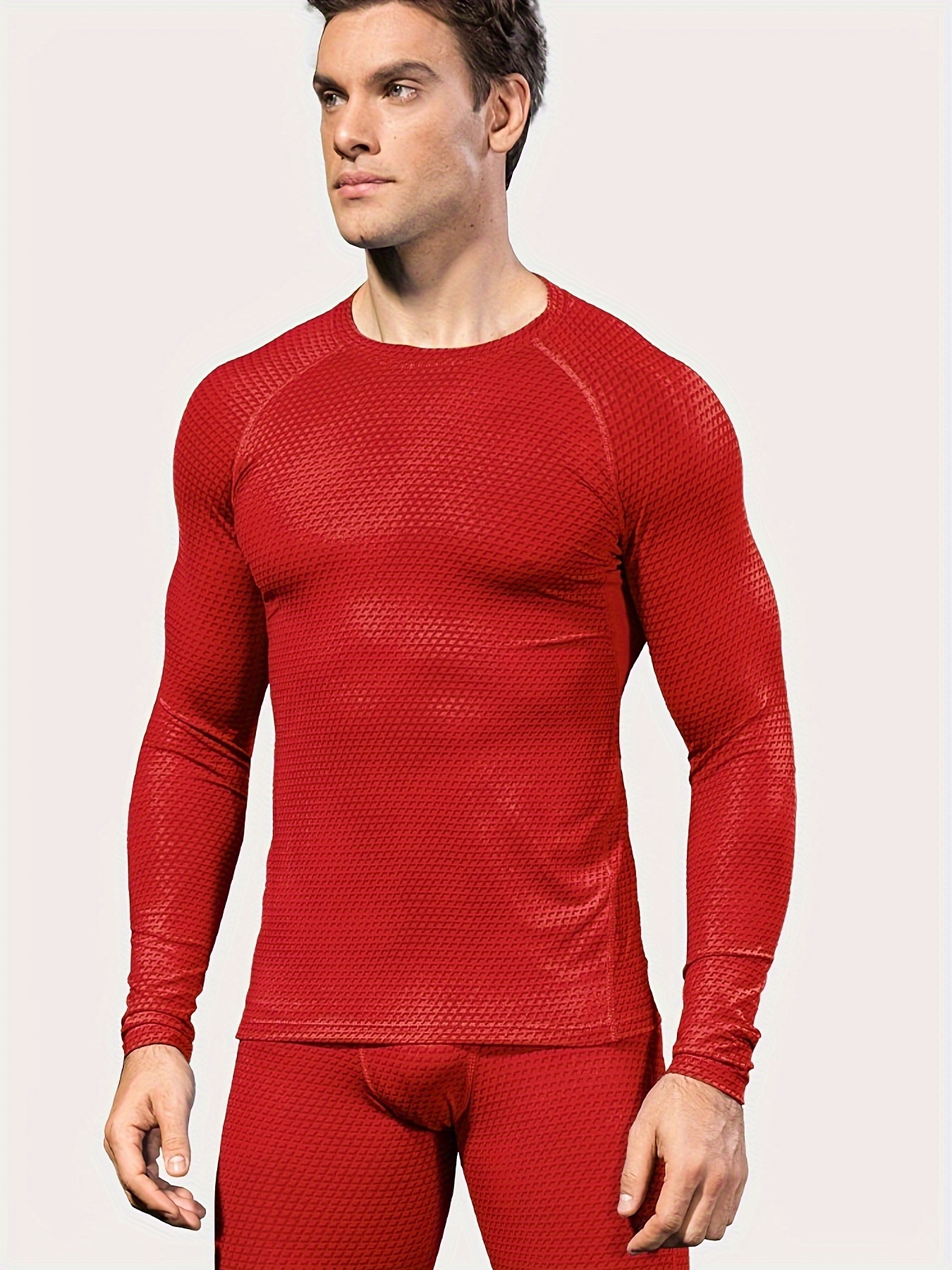 Niuer Mens Compression Shirt And Pant Set Crew Neck Base Layer Suit Long  Sleeve Tracksuit Tight Legging Outfits Quick Dry Red M 