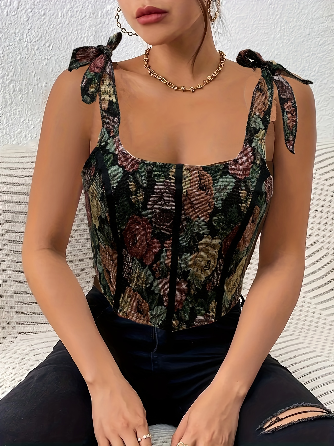 Vintage Floral Print Top Sexy Zipper Knotted Summer - Temu Canada