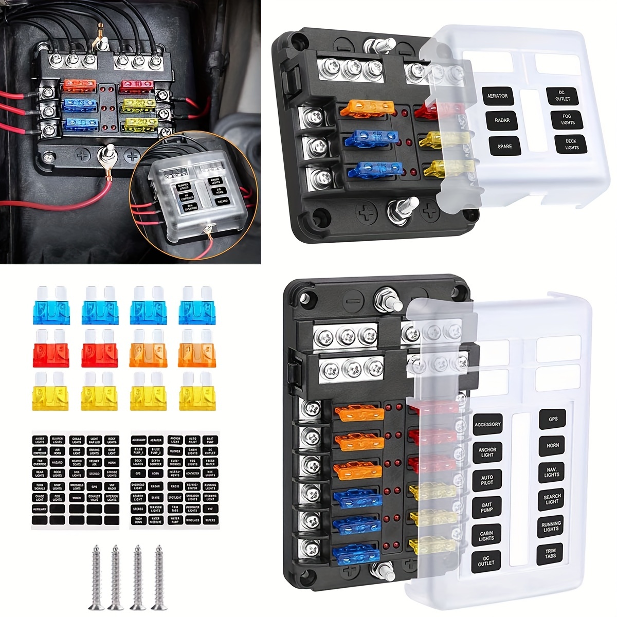 12 Volt Fuse Block, 6way 12way Marine Fuse Block With Led Indicator  Damp-proof Cover Circuits Fuse Box With Negative Bus Fuse Panel Temu