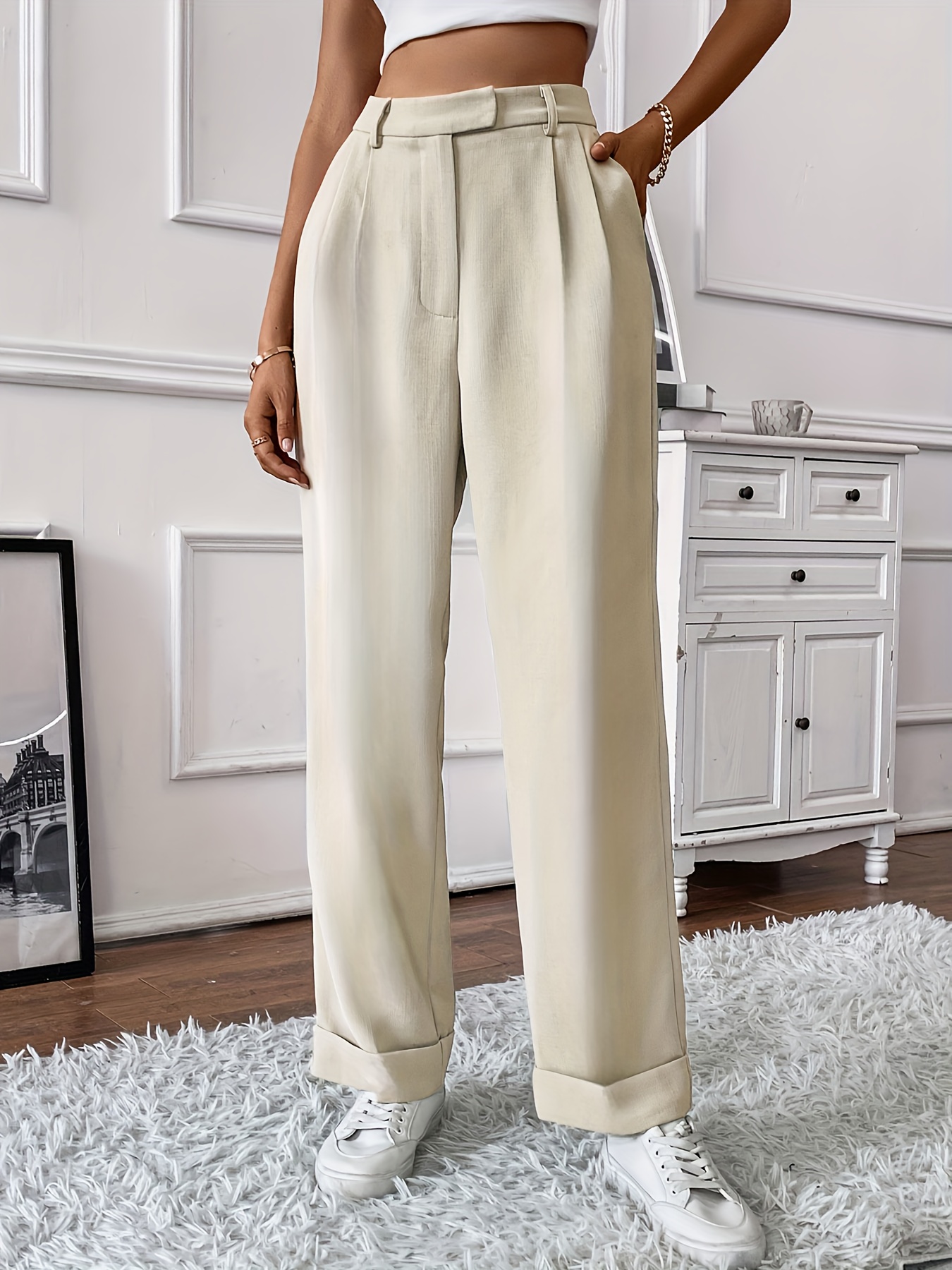Solid Pleated Straight Leg Pants Casual High Waist Pants - Temu