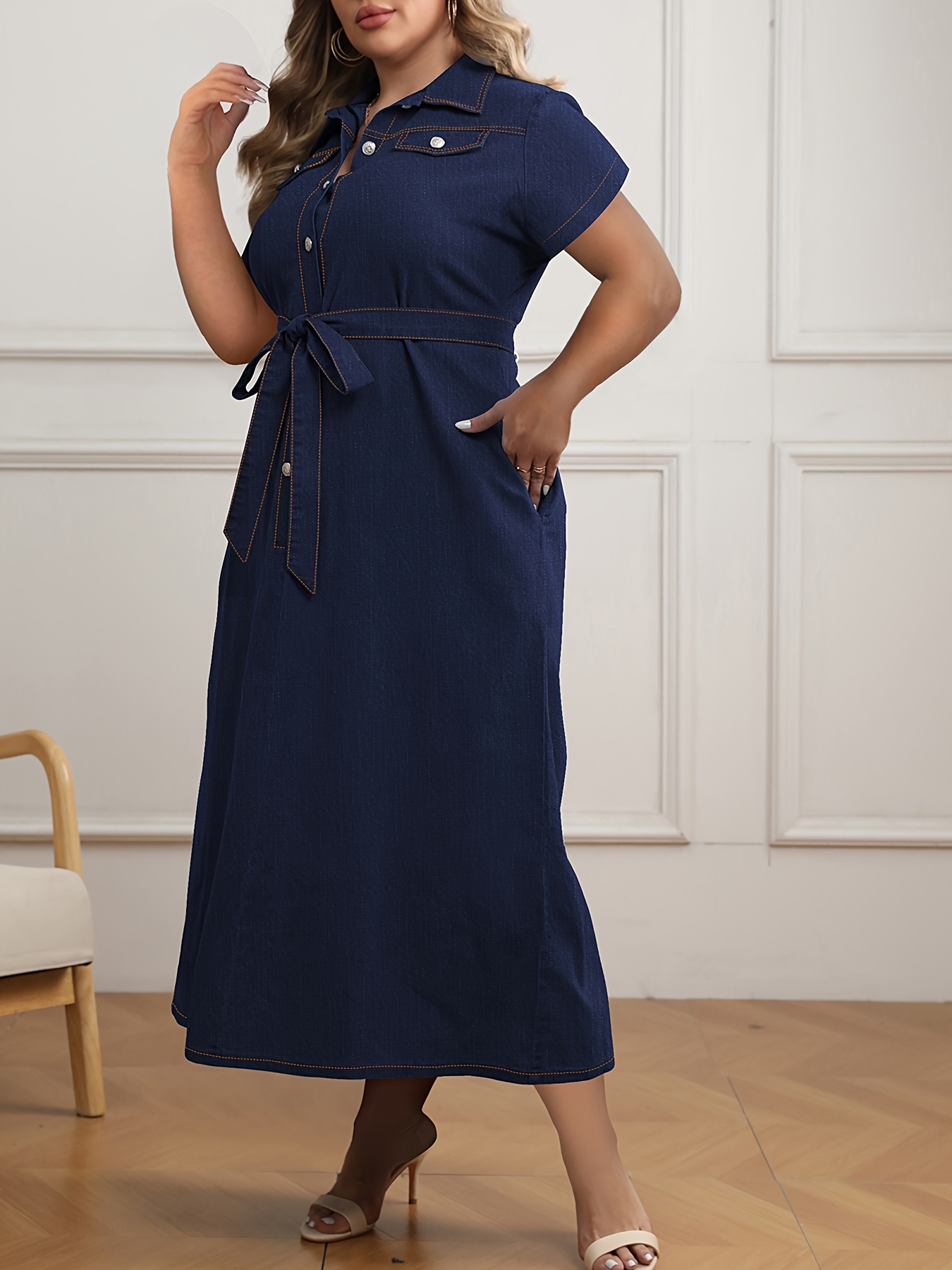 Women's Shirt Dress Lapel Single Breasted Maxi Plus Size Dress  Long  sleeve casual dress, Loose denim dress, Blue denim dress