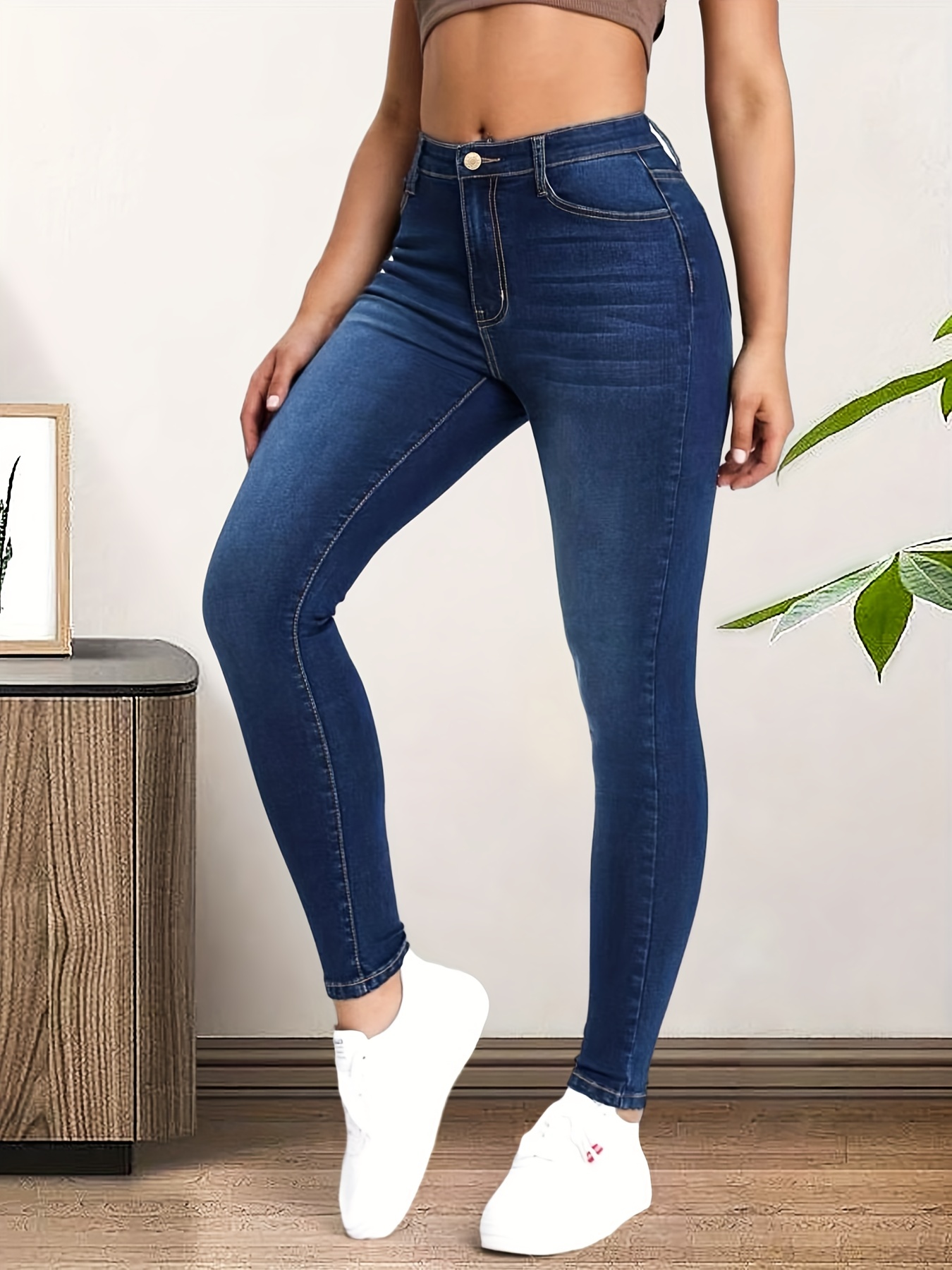 Dark Blue Versatile Skinny Jeans, Slim Fit High Stretch Slant Pockets Tight  Jeans, Women's Denim Jeans & Clothing