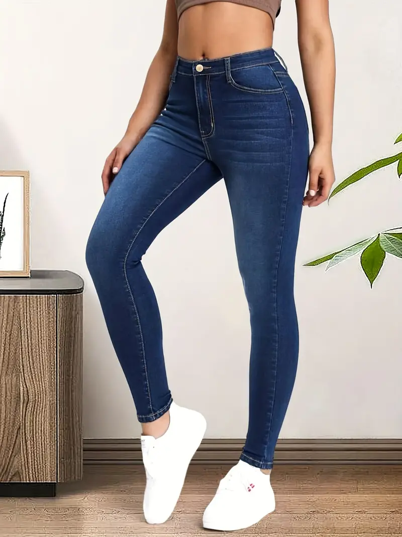 Dark Blue Versatile Skinny Jeans Slim Fit High Stretch Slant - Temu Japan