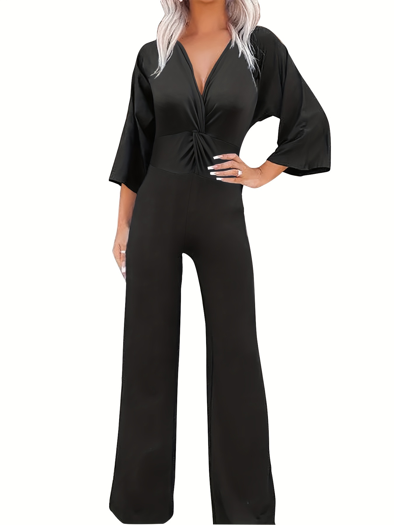 Solid Twist Front Jumpsuit Casual 3/4 Sleeve Wide Leg - Temu