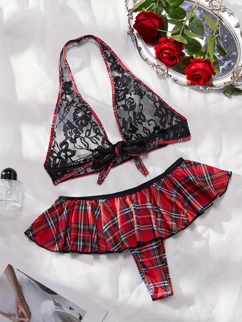 Music Festival Plaid Role play Costume Floral Lace Halter - Temu