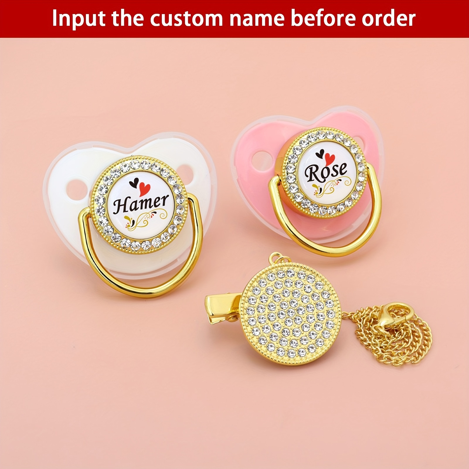  MIYOCAR personalized any name bling gold silver pacifier and  clip set 18 colors BPA free safe unique design luxurious dummy ideal gift  for baby show new born : Handmade Products