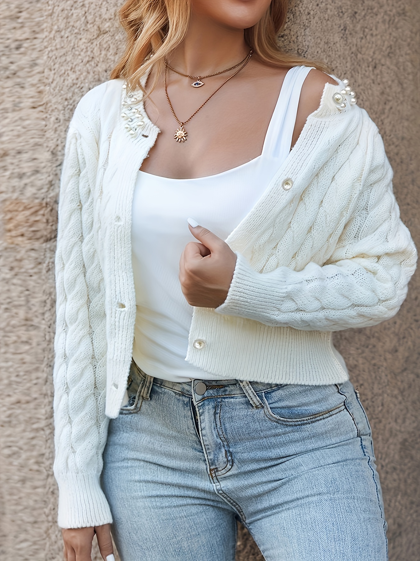 Sueter Corto Sueter Blanco Mujer Tejido Cárdigan De Punto Con